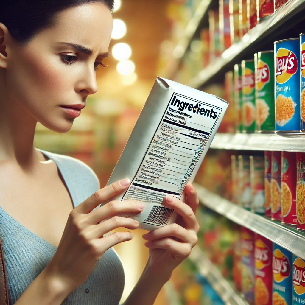 Imagem de uma mulher lendo os rótulos de produtos em um supermercado
