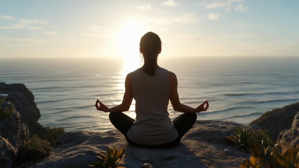 mulher meditando em solo rochoso virada para o mar