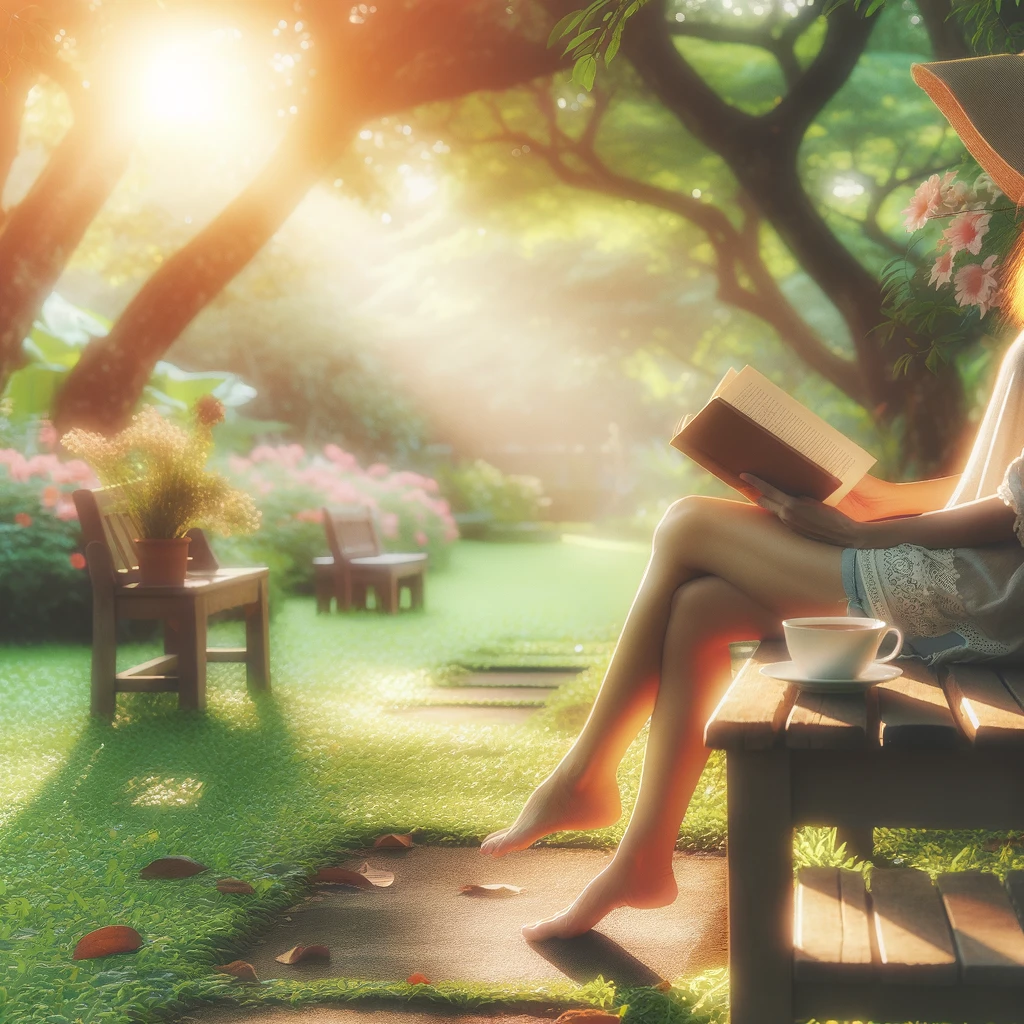 Pessoa relaxando em um parque verde, sentada em um banco de madeira com um livro nas mãos e um chá ao lado, cercada por árvores e flores sob a luz suave do sol — imagem que transmite tranquilidade e paz.